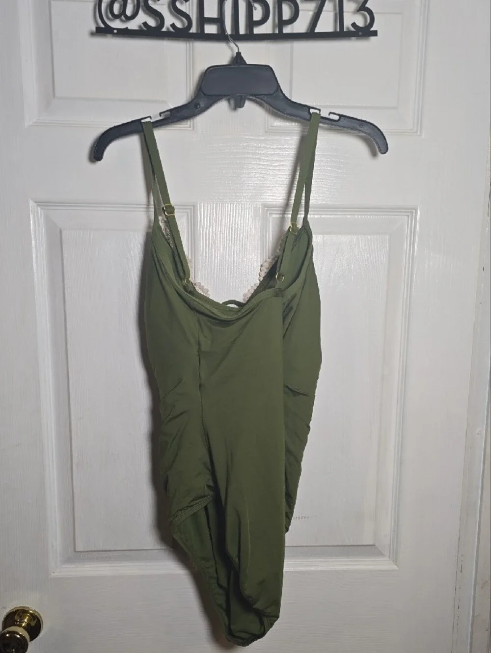 Time And Tru Never Worn 1X Olive Green One-Piece Swimsuit with Cream Lace Trim